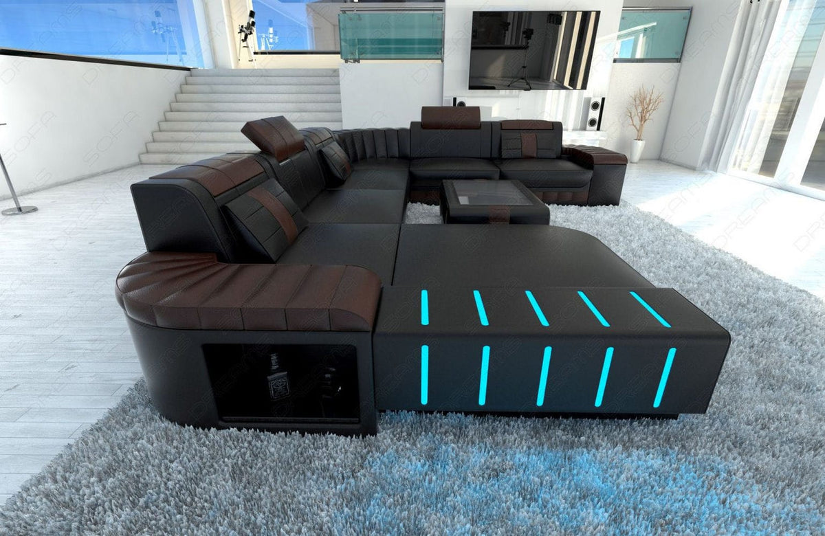 XXL Wohnlandschaft Bellagio U-Form aus Leder schwarz-dunkelbraun