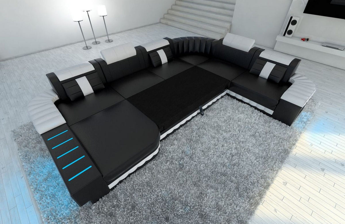 XXL Wohnlandschaft Bellagio U-Form aus Leder schwarz-dunkelbraun