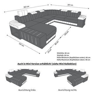 XXL Wohnlandschaft Bellagio U-Form aus Leder schwarz-dunkelbraun