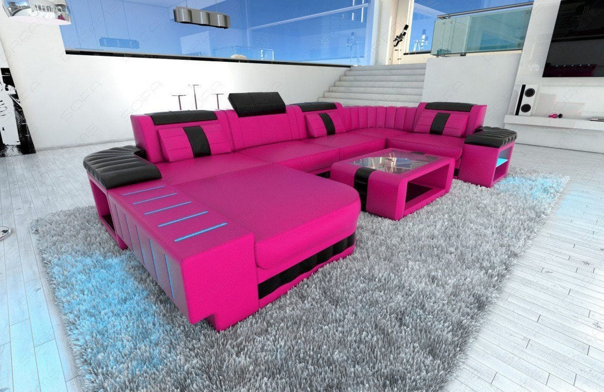 Mini Wohnlandschaft Bellagio U-Form in Leder Pink-Schwarz