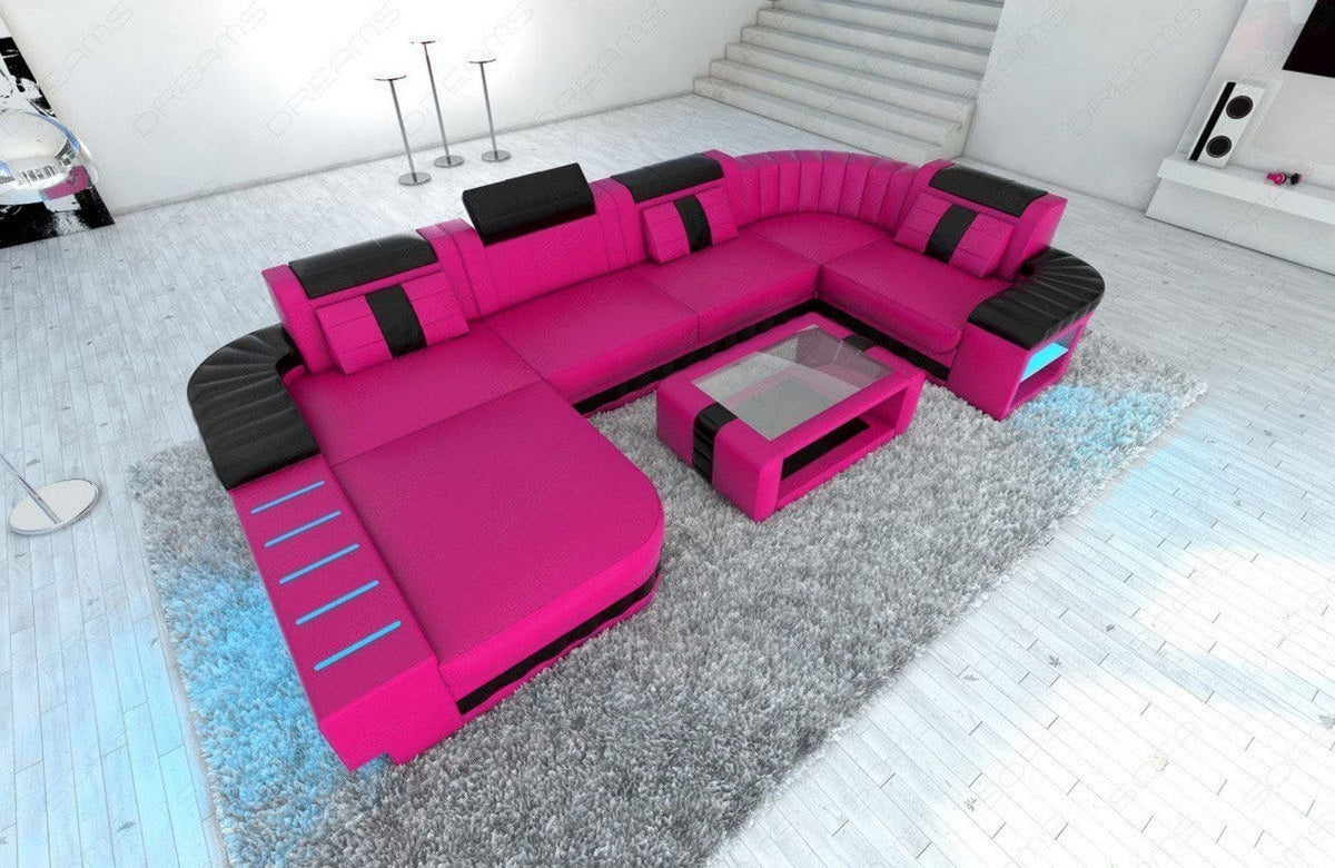Mini Wohnlandschaft Bellagio U-Form in Leder Pink-Schwarz