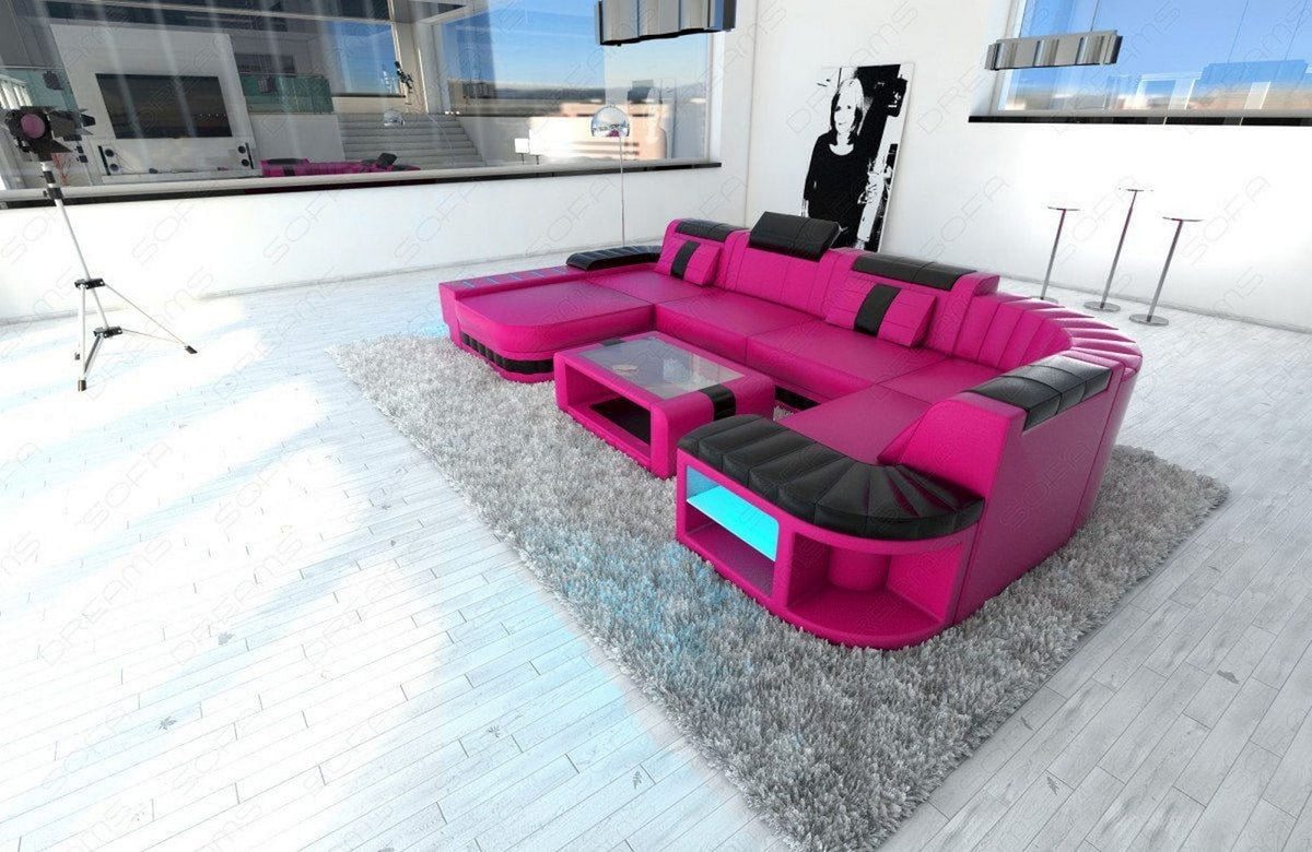 Mini Wohnlandschaft Bellagio U-Form in Leder Pink-Schwarz