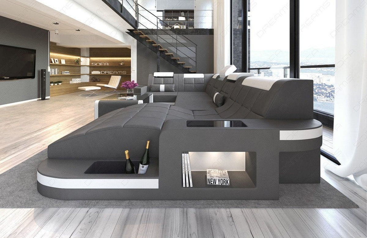 Designsofa Relax Wave U-Form aus Leder grau-weiß