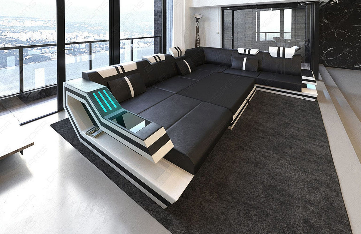 XXL Wohnlandschaft Ravenna U-Form aus Leder weiß-dunkelbraun