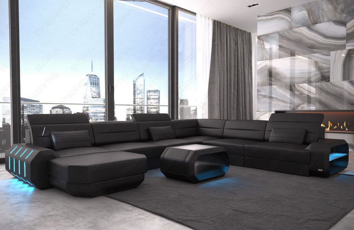 Mini XL Wohnlandschaft Roma U-Form aus Leder Schwarz