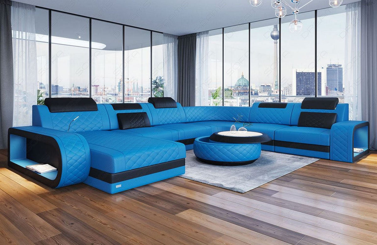 XXL Wohnlandschaft Berlin U-Form in Leder blau-schwarz