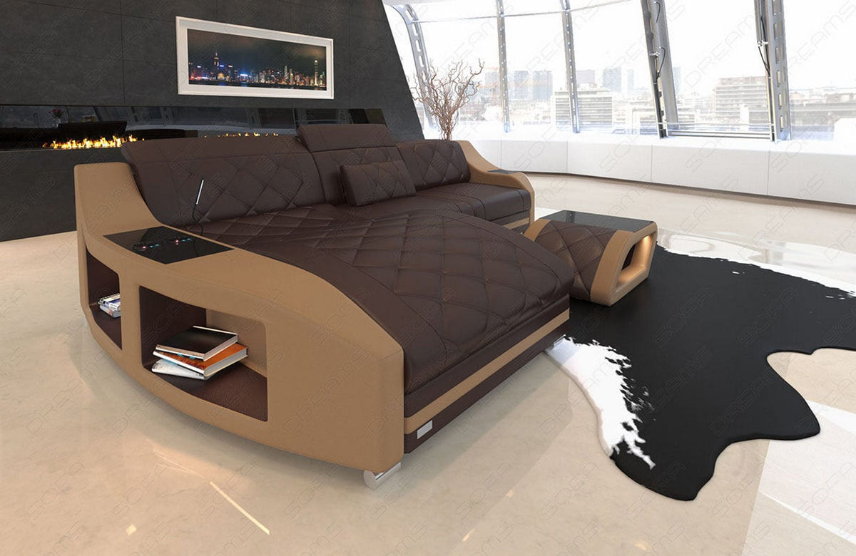 Mini Couch Swing L-Form in Leder Dunkelbraun-Sandbeige