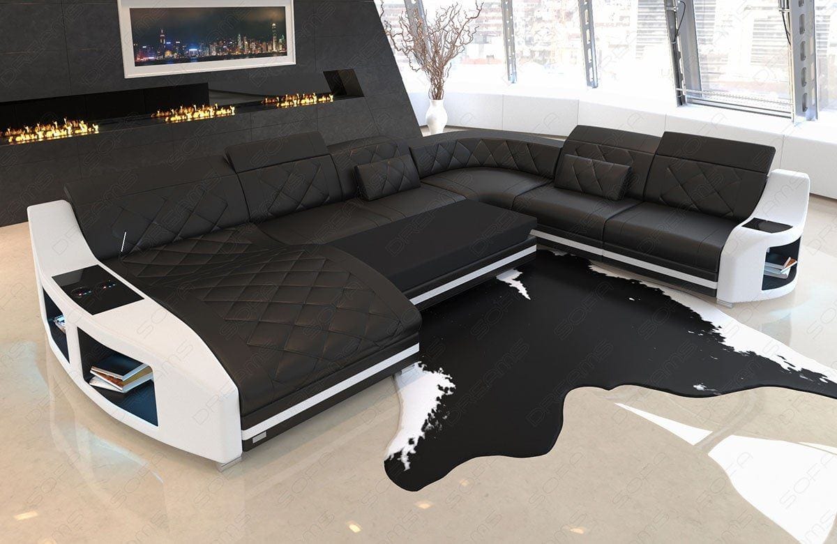 XXL Wohnlandschaft Swing U-Form aus Leder grau-schwarz