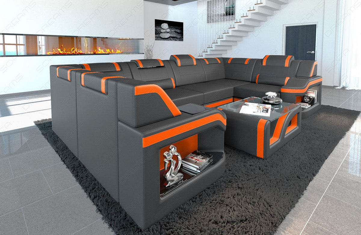 Designsofa Padua U-Form aus Leder grau-orange