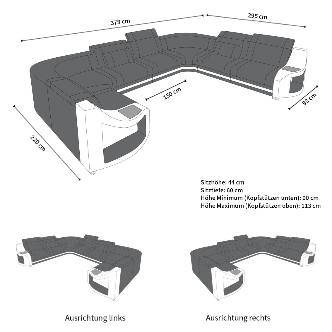 Designsofa Genua U-Form aus Leder schwarz-blau