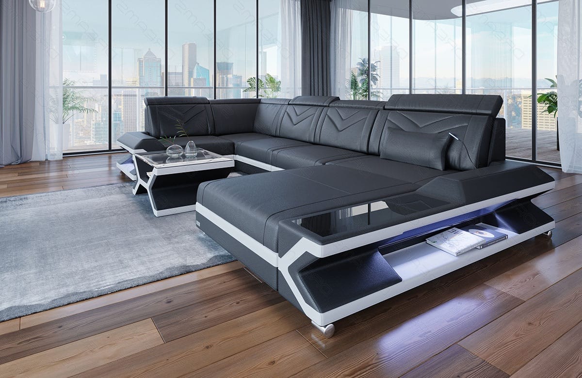 Mini Sofa Napoli U-Form in Leder Grau-Weiß