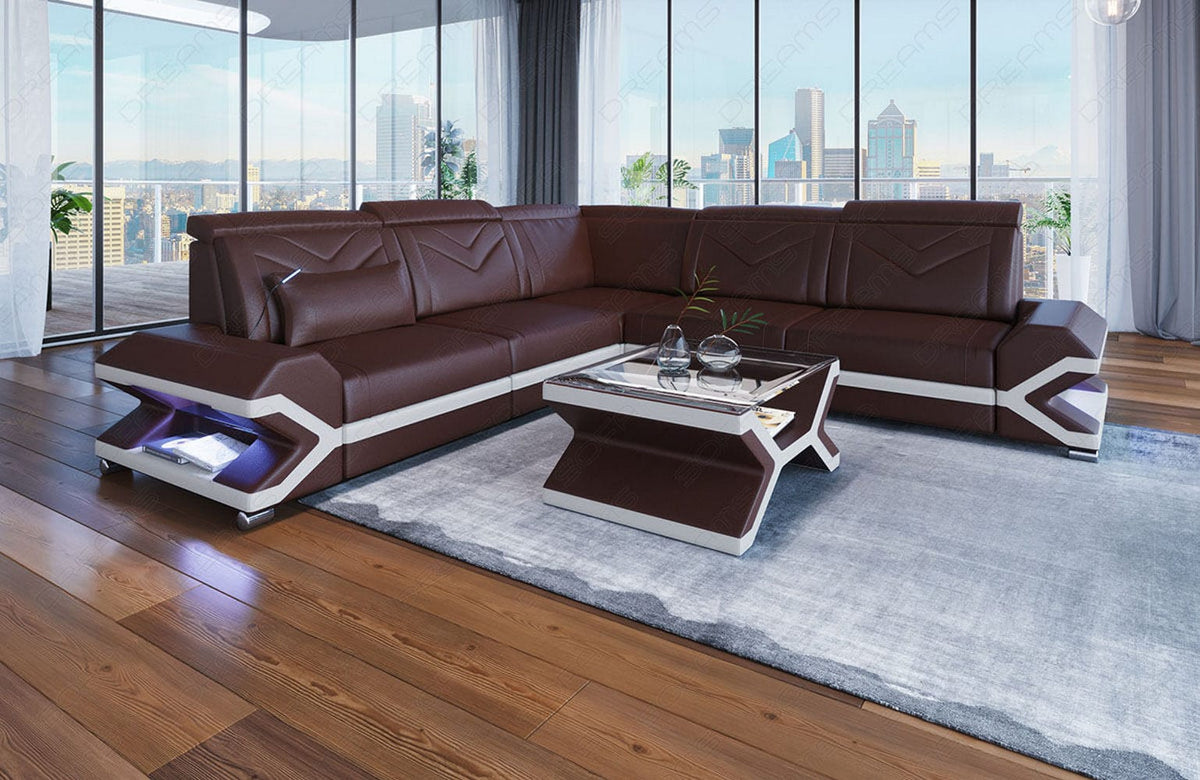 Ecksofa Sorrento L-Form aus Leder dunkelbraun-weiß