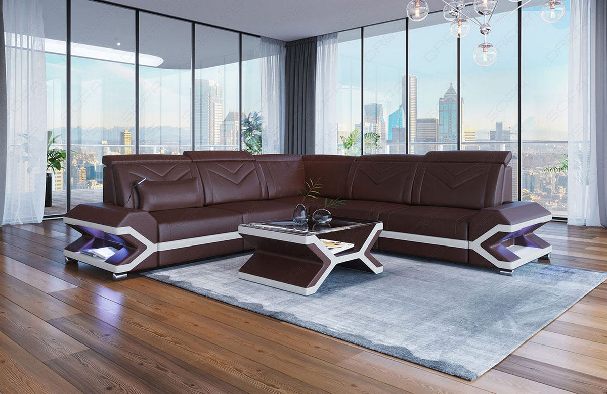 Ecksofa Sorrento L-Form aus Leder dunkelbraun-weiß