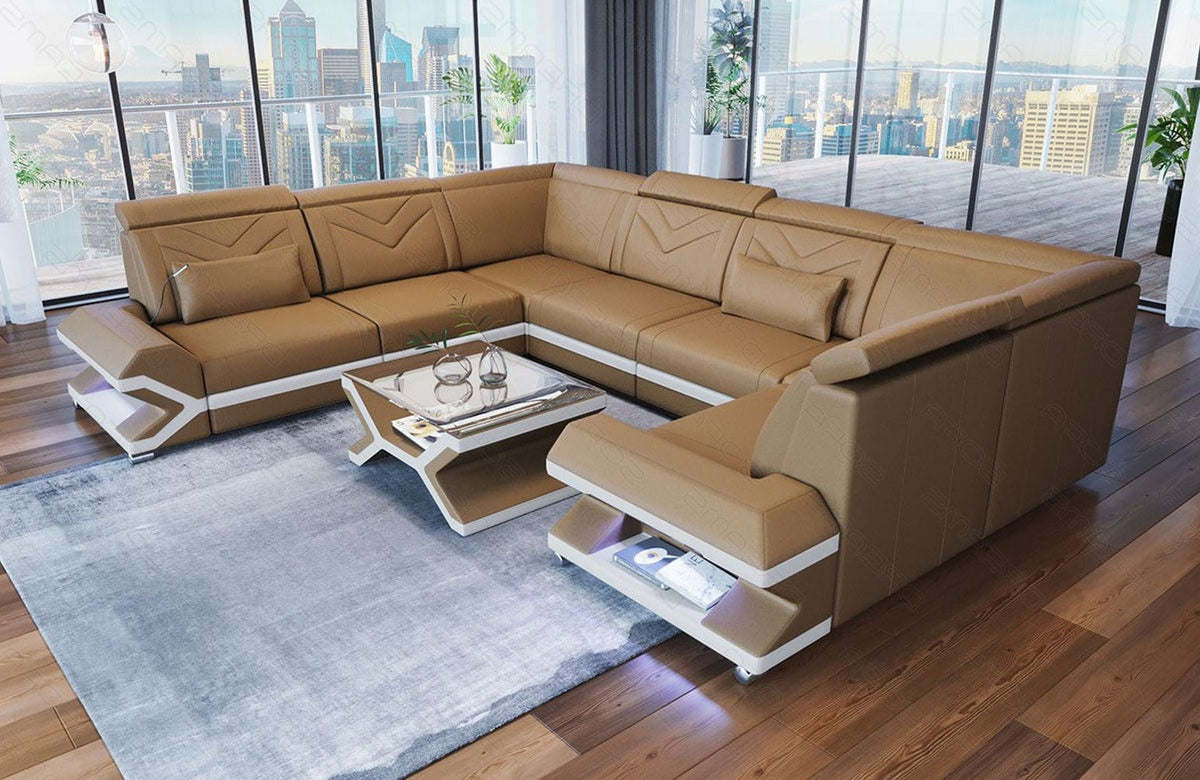 Designsofa Sorrento U-Form aus Leder sandbeige-weiß