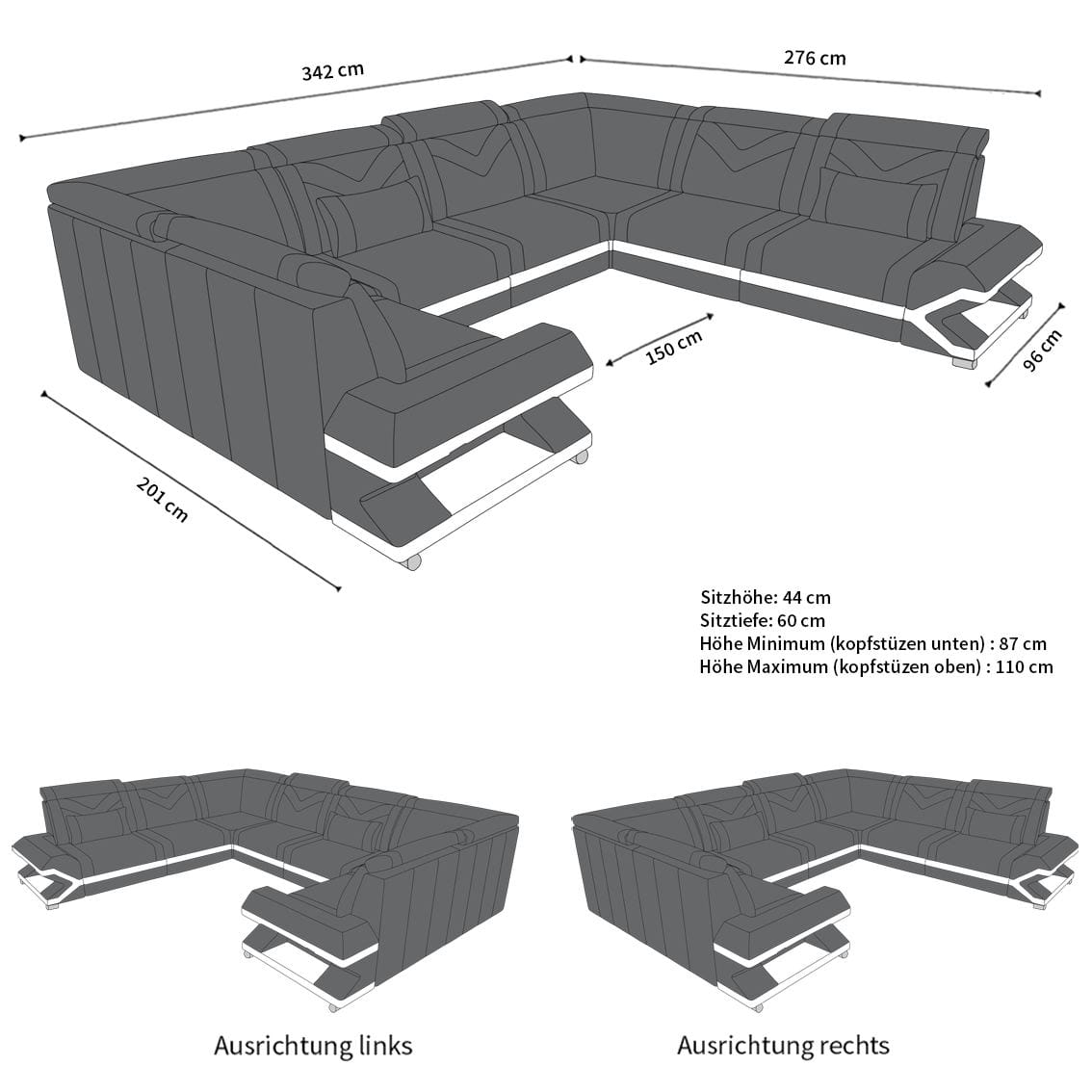 Designsofa Sorrento U-Form aus Leder sandbeige-weiß