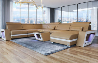Mini XXL Wohnlandschaft Catania U-Form in Leder Sandbeige-Weiß