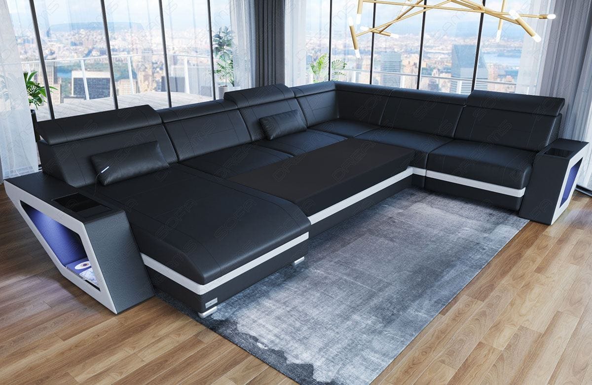 XXL Wohnlandschaft Catania U-Form in Leder sandbeige-weiß