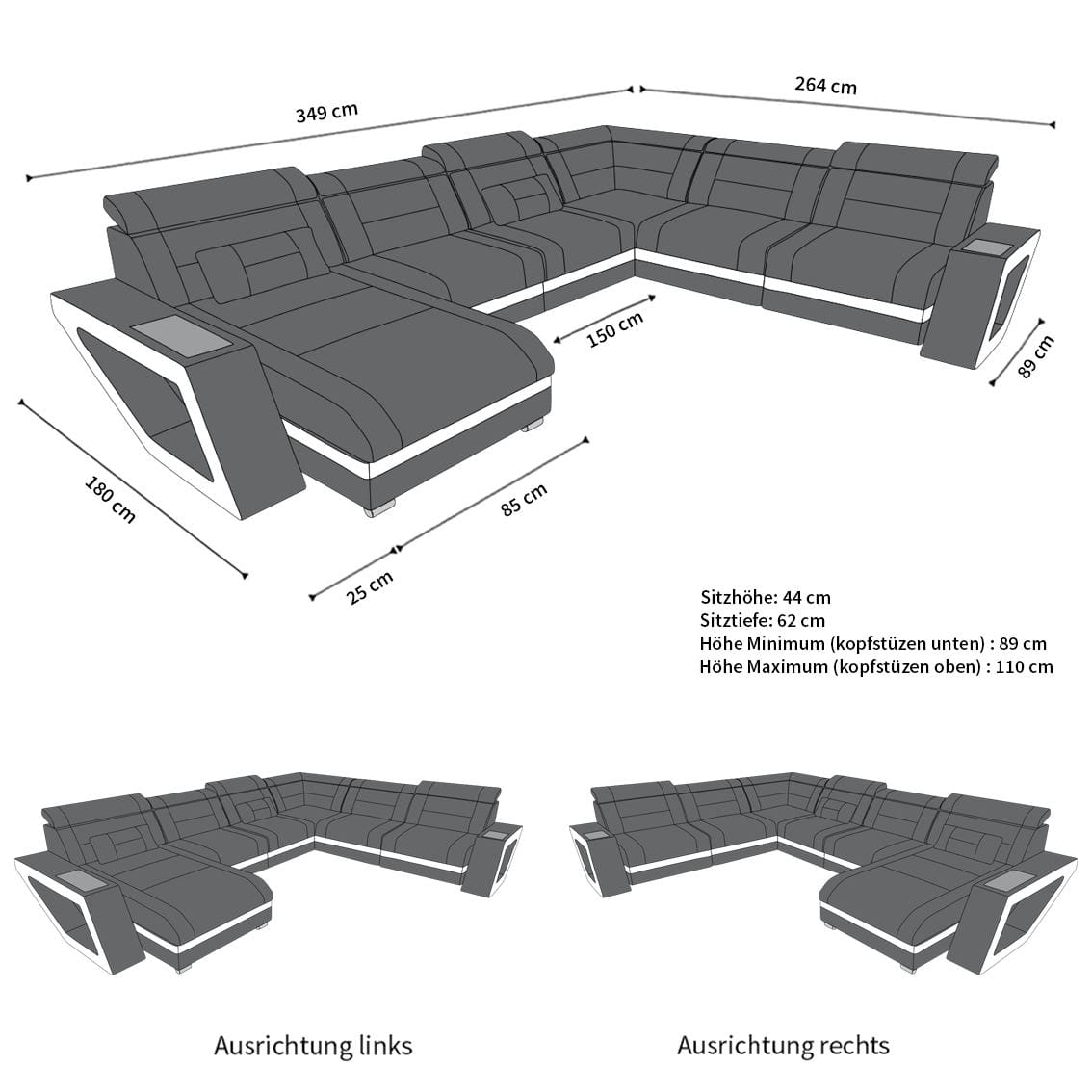 XXL Wohnlandschaft Catania U-Form in Leder sandbeige-weiß