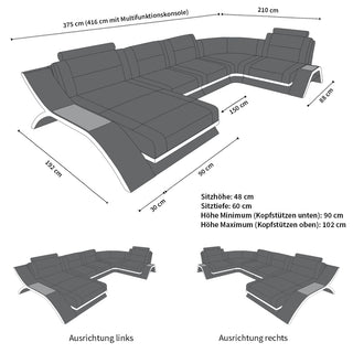 Designsofa Calabria U-Form aus Leder grau-schwarz