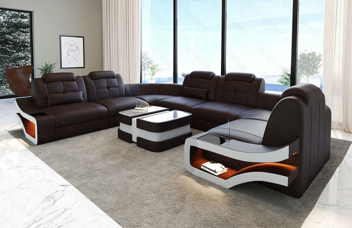 Sofa Elena Eleganz U-Form in Leder dunkelbraun-weiß