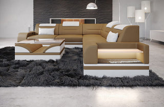 Ecksofa Trivento L-Form aus Leder sandbeige-weiß