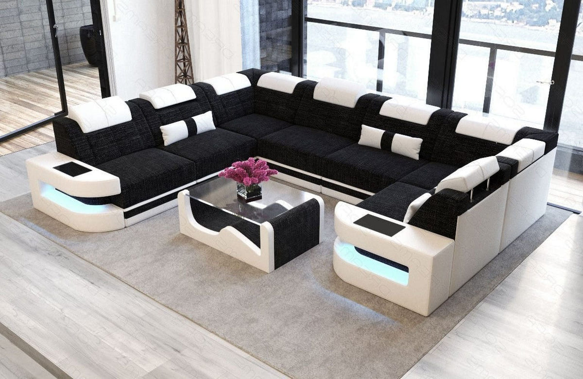 Wohnlandschaft Como U-Form aus Stoff Dunkelgrau-Weiß