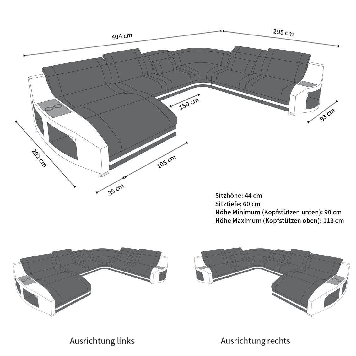 Wohnlandschaft Swing XXL U-Form in Stoff Grau-Weiß
