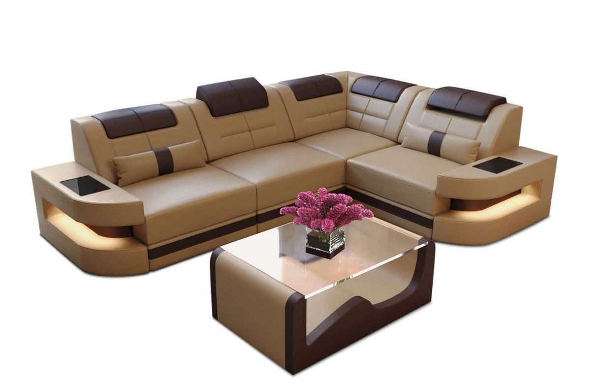 Mini Couch Como L-Form in Leder Sandbeige-Dunkelbraun