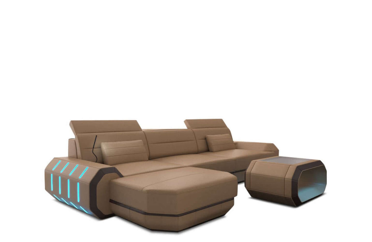 Mini Couch Roma L-Form in Leder Sandbeige-Dunkelbraun