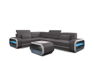 Mini Ledercouch Verona L Form mit LED – Modern und Bequem in Grau und Weiß aus Kunstleder mit Ecke Links für Wohnzimmer