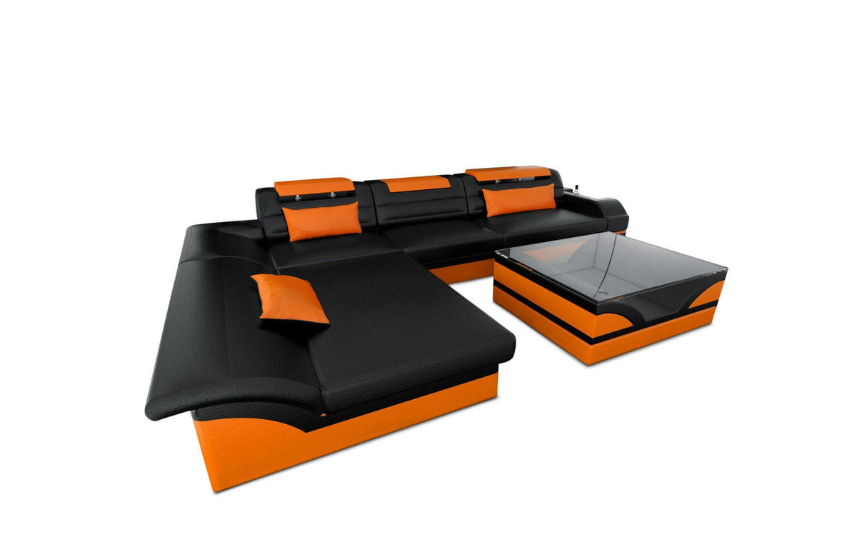 Couch Monza L-Form in Leder schwarz-orange