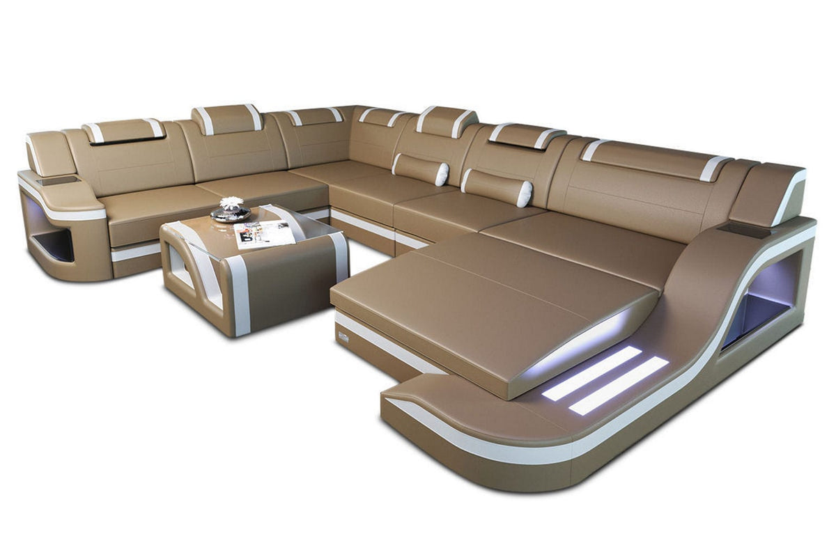 XXL Wohnlandschaft Palermo U-Form aus Leder sandbeige-weiß
