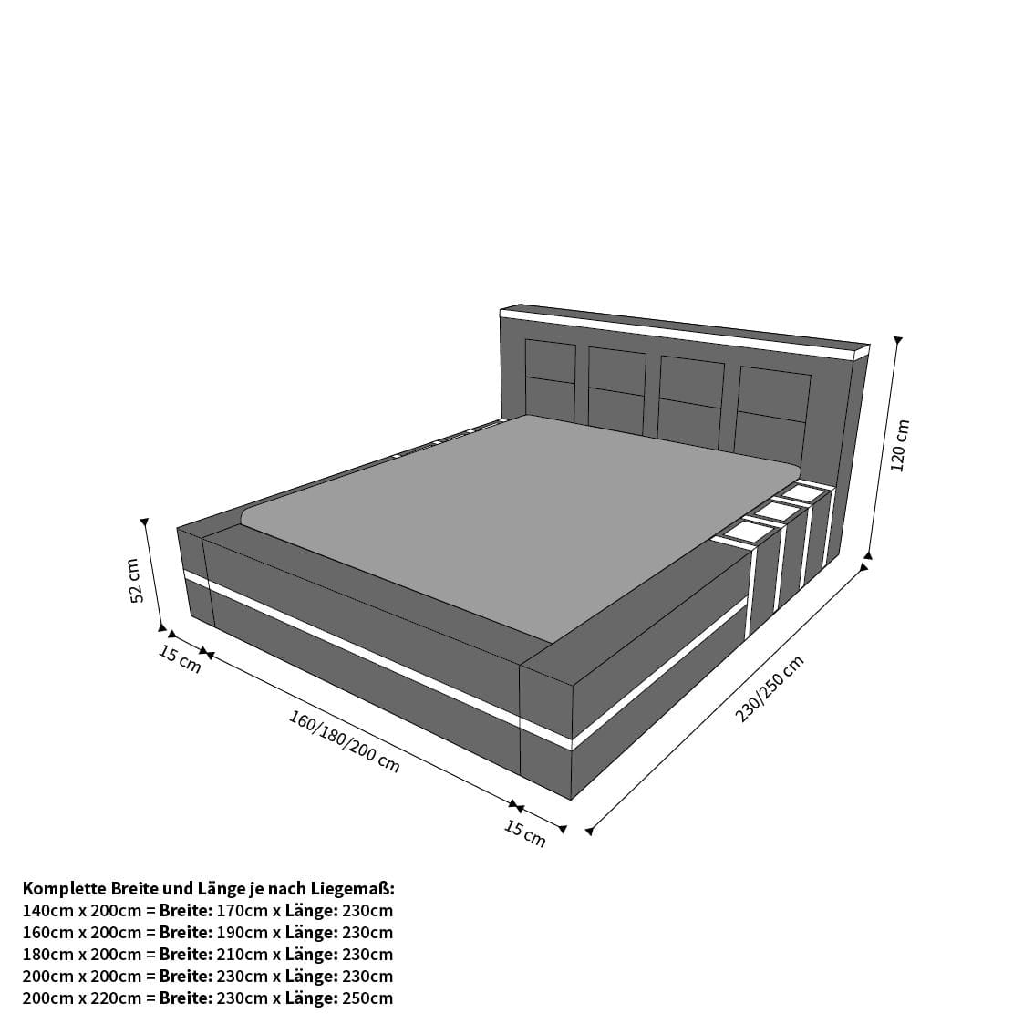 Maßbild Wasserbett Asti Weiß-Schwarz 200x220 cm