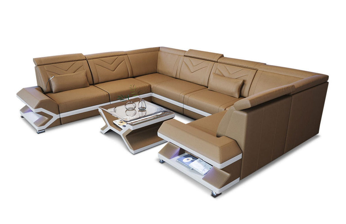 Designsofa Sorrento U-Form aus Leder sandbeige-weiß